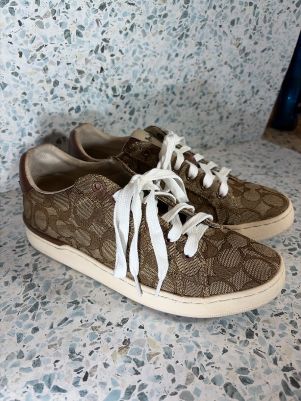 Coach Monogram 7.5 Low-Top Sneakers in Brown and Cream - Picture 2 of 5